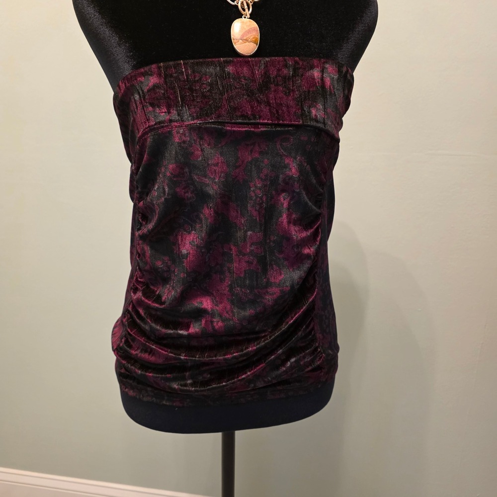 Free People Burgundy Black Floral Damask Ruched Tube Top Mini Skirt Medium